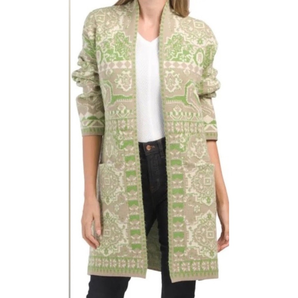 Badgley Mischka Green Geometric Intarsia Knit Open Front Longline Cardigan Small
